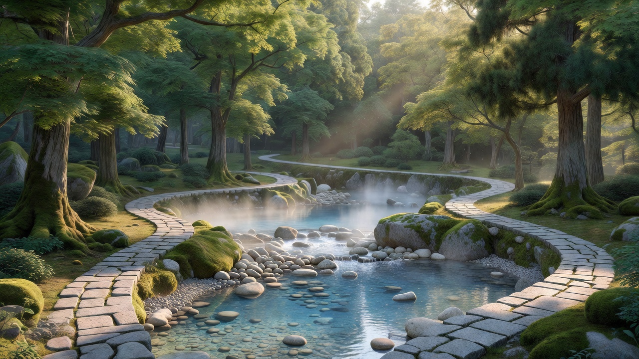 朝霧の渓流と丘陵の森 - Clear brook flowing beneath a misty elevated grove