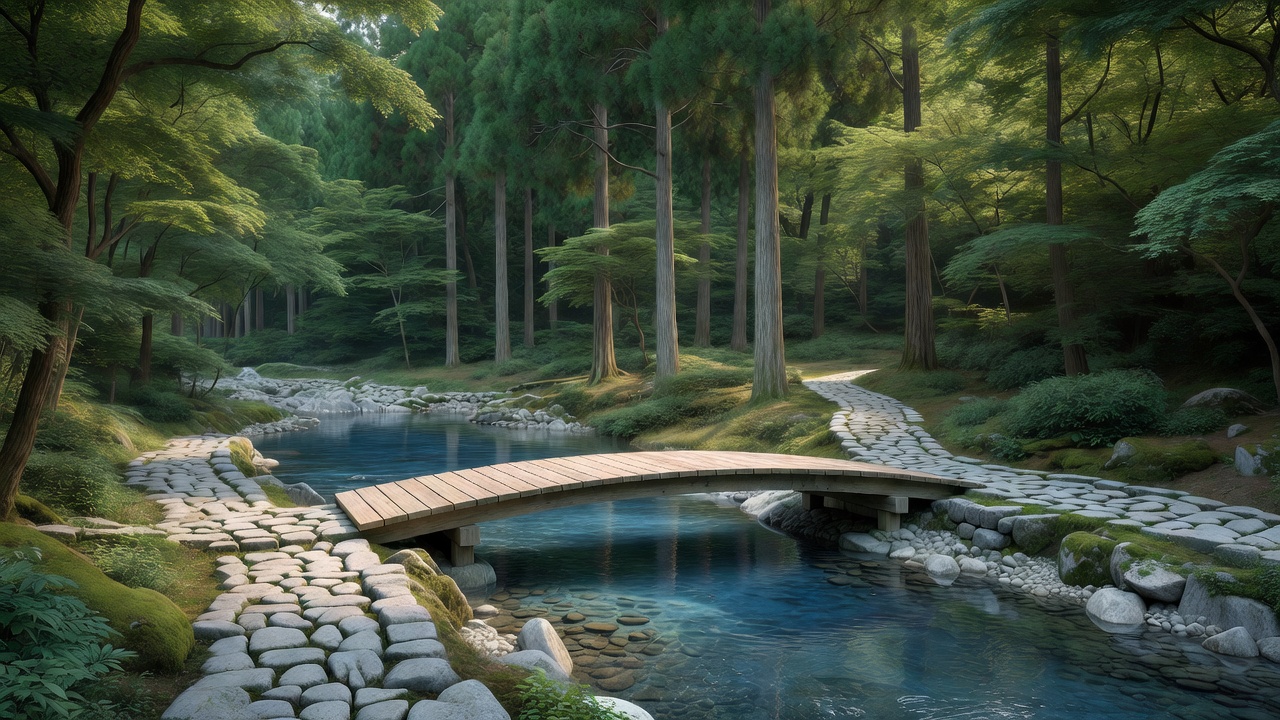森の渓流に架かる木橋 - Wooden bridge over the forest brook